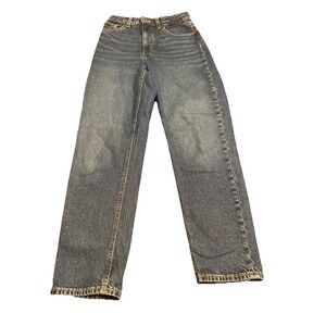 H&M Jeans Womens 4 Dark Wash High Rise Distressed Straight‎ Leg Blue Denim Pants